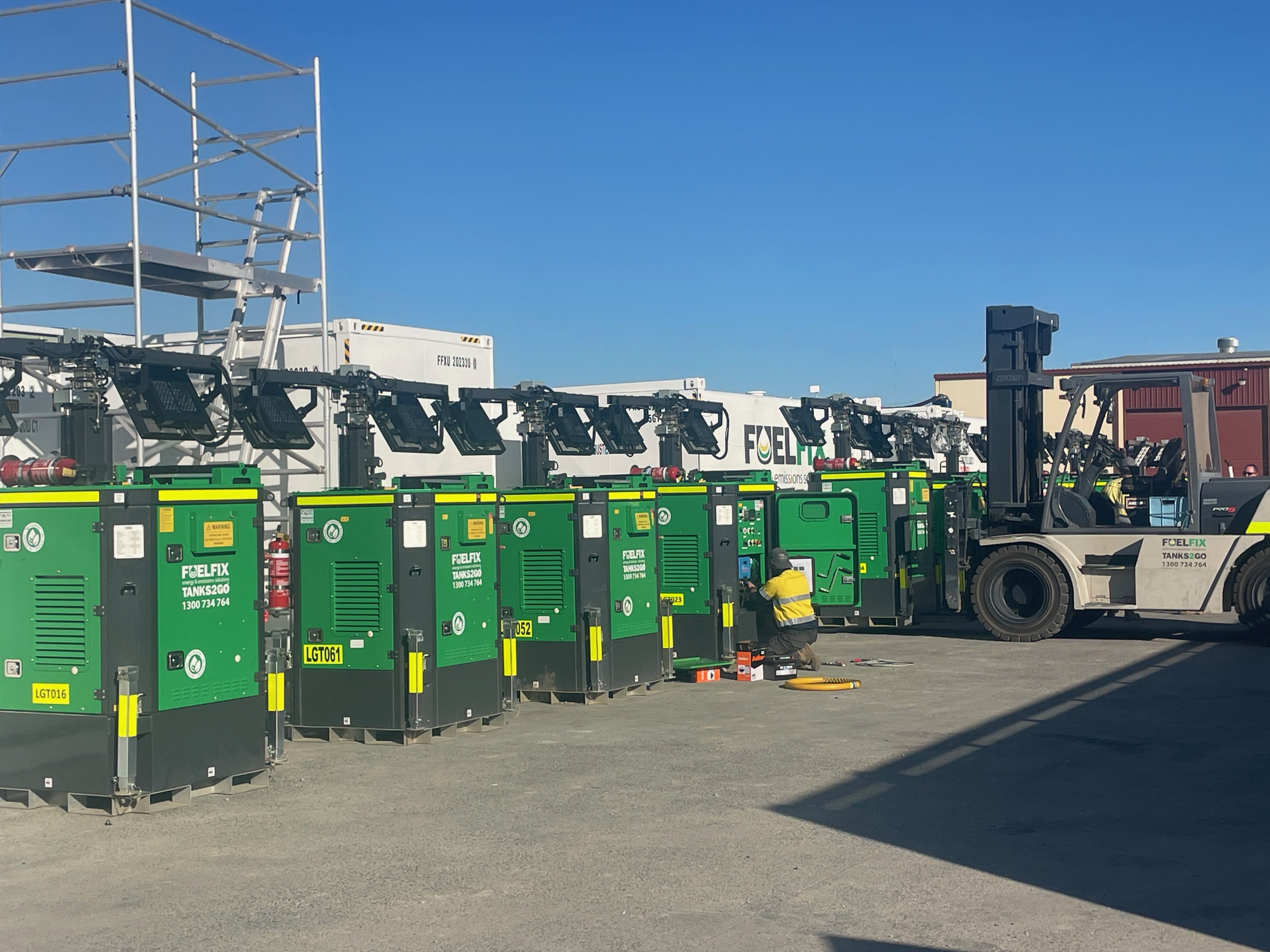 Hybrid Light Towers HL270 lined up for inspection before going on hire